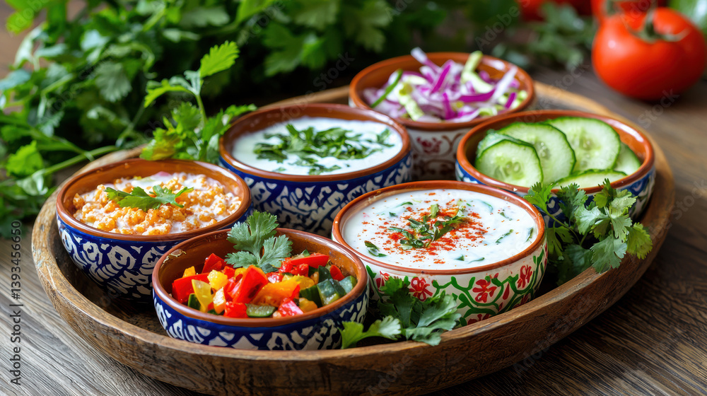 Vibrant Platter of Assorted Indian Raita in Traditional Ceramic Bowls Vibrant Platter of Assorted Indian Raita in Traditional Ceramic Bowls