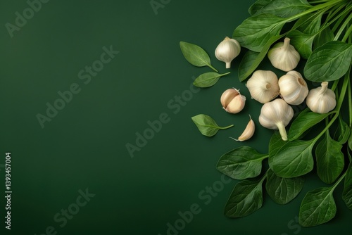 Fresh garlic bulbs and spinach leaves arranged on a dark green background ready for cooking