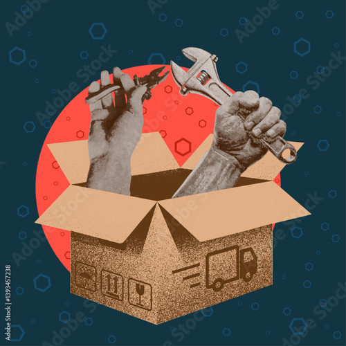 Trendy halftone collage with human hands holding wrench and pliers from open cardboard box. Delivery concept. Dark blue background. Modern vector illustration
