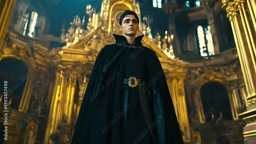 Man in long cloak standing in grand cathedral with towering arches and dramatic lighting
Man in long cloak standing in grand cathedral with towering arches and dramatic lighting