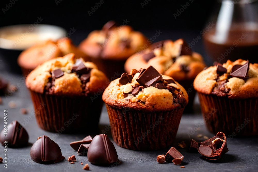 Freshly baked chocolate chip muffins with melted chocolate chunks on display Generative AI Freshly baked chocolate chip muffins with melted chocolate chunks on display Generative AI
