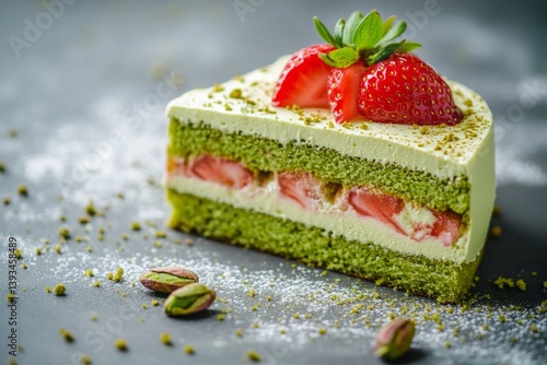 Delicious green tea matcha sponge cake with strawberries, cream, and pistachio topping.
