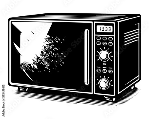 A black and white silhouette of a microwave on a white insulated background. Vector graphics. EPS.