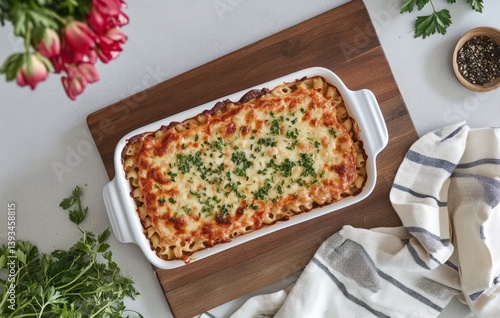 Baked Pasta Dish with Cheese and Parsley on Wooden Board