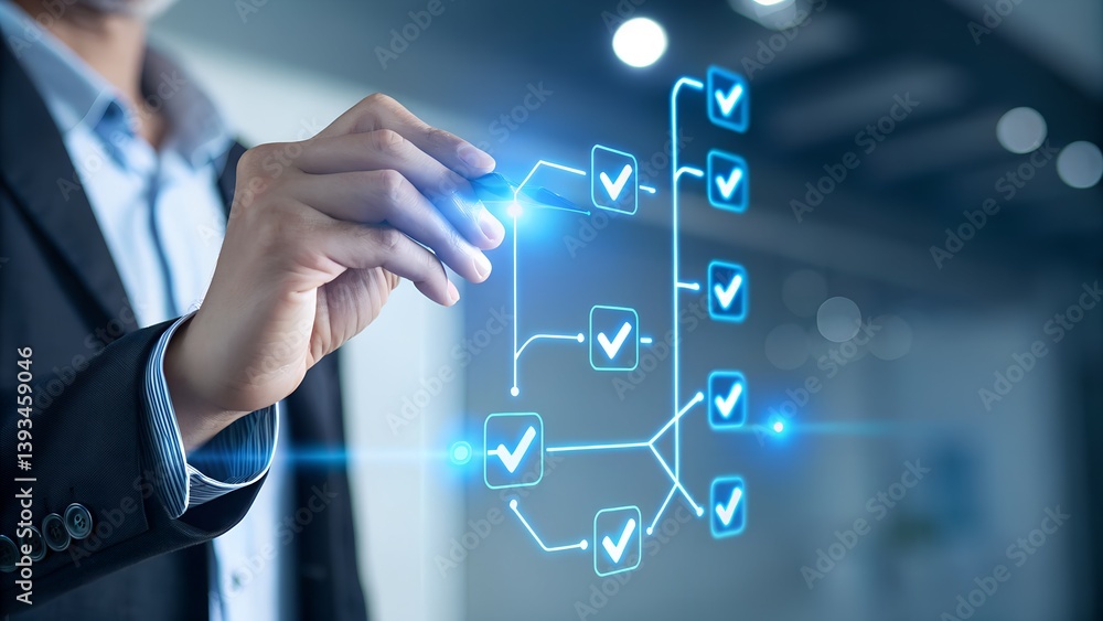 Businessman touches a digital progress checklist with check marks and an advancing loading bar, symbolizing task completion and project progress. progress bar, Management and tracking strategies Businessman touches a digital progress checklist with check marks and an advancing loading bar, symbolizing task completion and project progress. progress bar, Management and tracking strategies