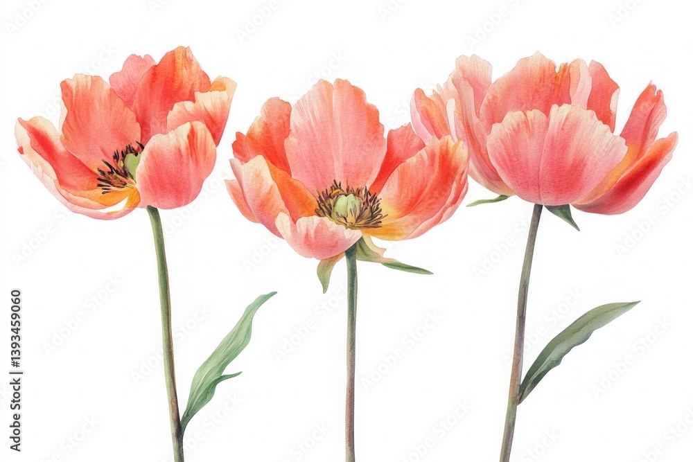 Fototapeta premium Three orange and pink watercolor poppy flowers with green stems and leaves, painted in botanical style.