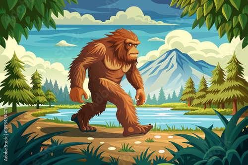 vector of Bigfoot walking on isolated background