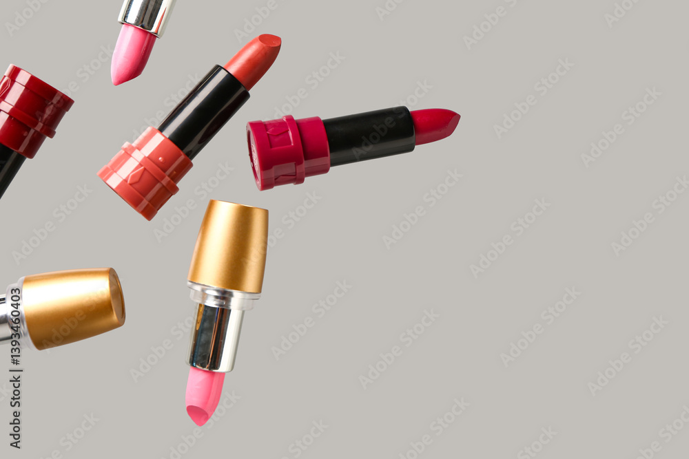 Lipsticks flying on grey background Lipsticks flying on grey background