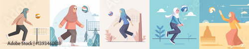 hijab woman vector playing volleyball