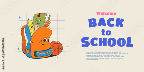 Horizontal banner "Back to school". Educational concept. Funny cartoon characters: backpack, eraser and pencil, book, ruler, basketball. Vector illustration