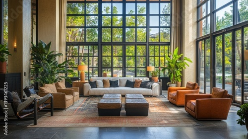 A spacious living room filled with natural light from large windows, featuring a comfy couch, stylish armchairs, and decorative plants, promoting a welcoming atmosphere.