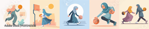vector of hijab woman playing basketball