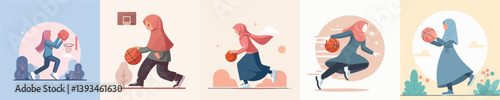 vector of hijab woman playing basketball