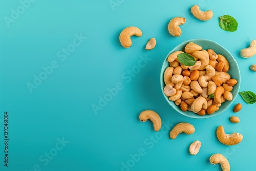 Cashews arranged in a bowl on a bright teal background with scattered nuts and fresh mint leaves