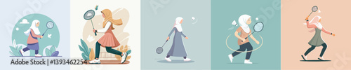 vector of hijab woman playing badminton