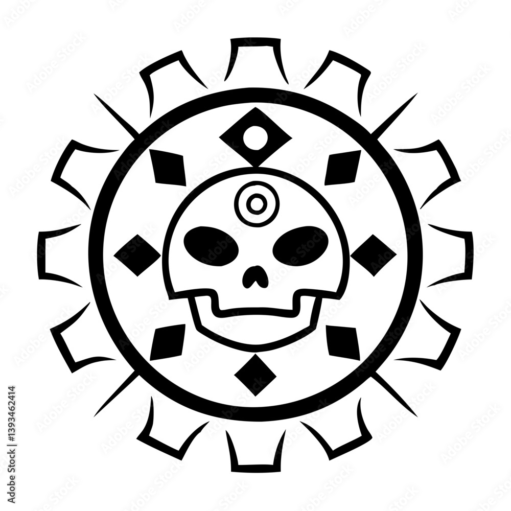 Aztec calendar icon featuring a skull design at the center, black outline style