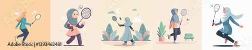vector of hijab woman playing badminton
