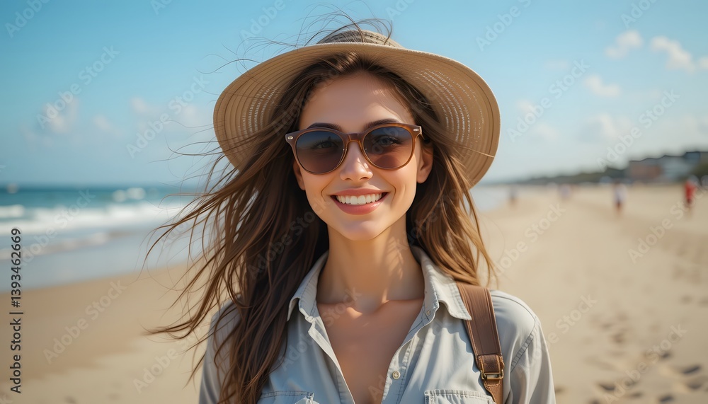 Happy western woman wearing casual summer clothes having fun on a sunny beach Happy western woman wearing casual summer clothes having fun on a sunny beach