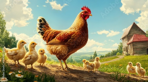 A vibrant farm scene with a mother hen scratching the ground for food while her curious chicks follow closely, emphasizing the natural behaviors of chickens.