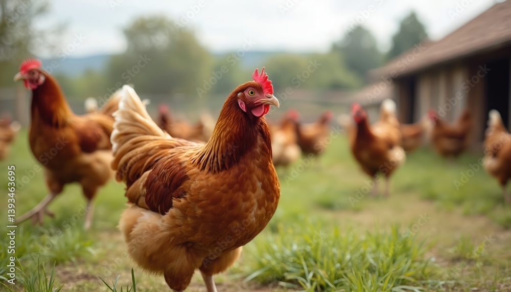 Fototapeta premium Brown chickens in farm field. Free-range hen walking outdoors. Sustainable egg production, organic food production. Poultry industry, domestic fowl. Chicken coop background, agriculture.