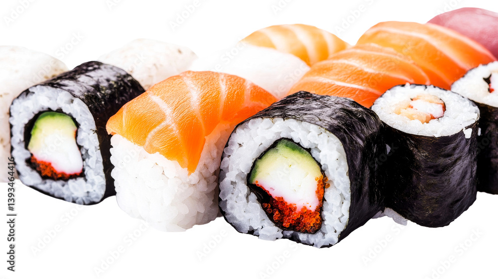 Sushi assortment close up, Japanese cuisine, delicious food, cut out transparent Sushi assortment close up, Japanese cuisine, delicious food, cut out transparent