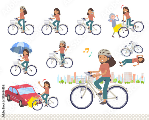 シティサイクルに乗った褐色肌女性のセット