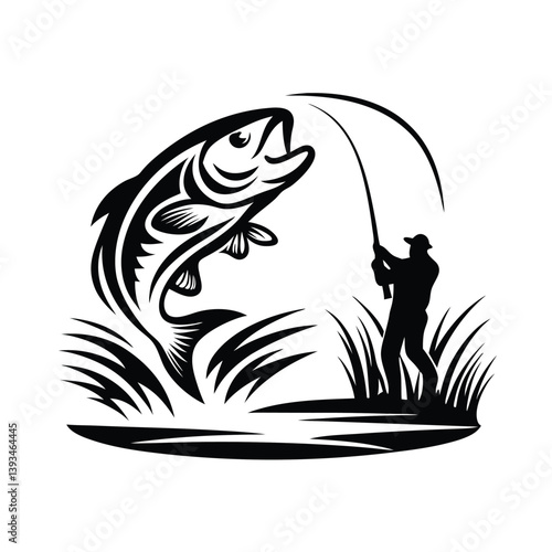 a angler catching a fish silhouette