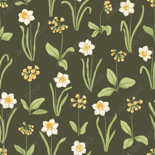Delicate botanical vector seamless pattern with white daffodils and yellow primrose blooms on dark olive background. Vintage meadow floral design for cottage style textiles and wallpaper