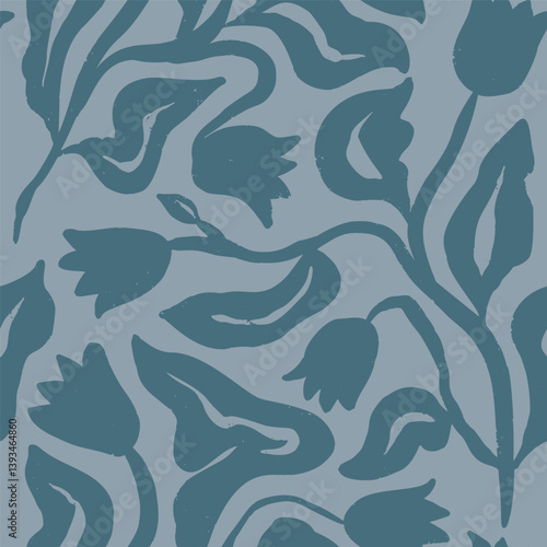 Monochrome blue brush strokes inky flowers seamless pattern. Abstract loose florals minimal background. Textured botanical minimalist wallpaper