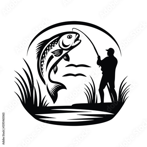 a angler catching a fish silhouette