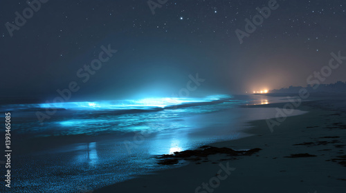 Glowing plankton created an otherworldly blue light on the beach at night, appearing against a white backdropa beautiful natural event.  