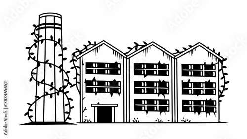 Abandoned Factory Overgrown Vines Cartoon Black and White Grunge Urban Decay Illustration