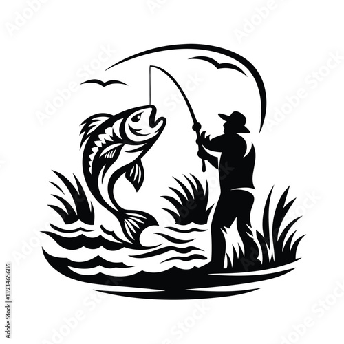 a angler catching a fish silhouette