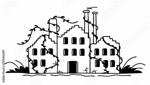 Black and White Line Sketch of Vines Overgrowing Old Abandoned Factory Buildings