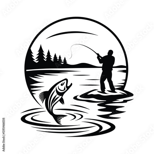 a angler catching a fish silhouette