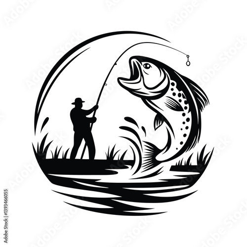 a angler catching a fish silhouette