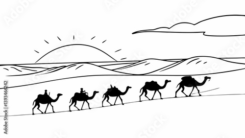Black and White Line Art Desert Camel Caravan with Riders Silhouettes Sunrise Landscape Illustration