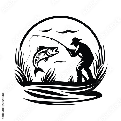 a angler catching a fish silhouette
