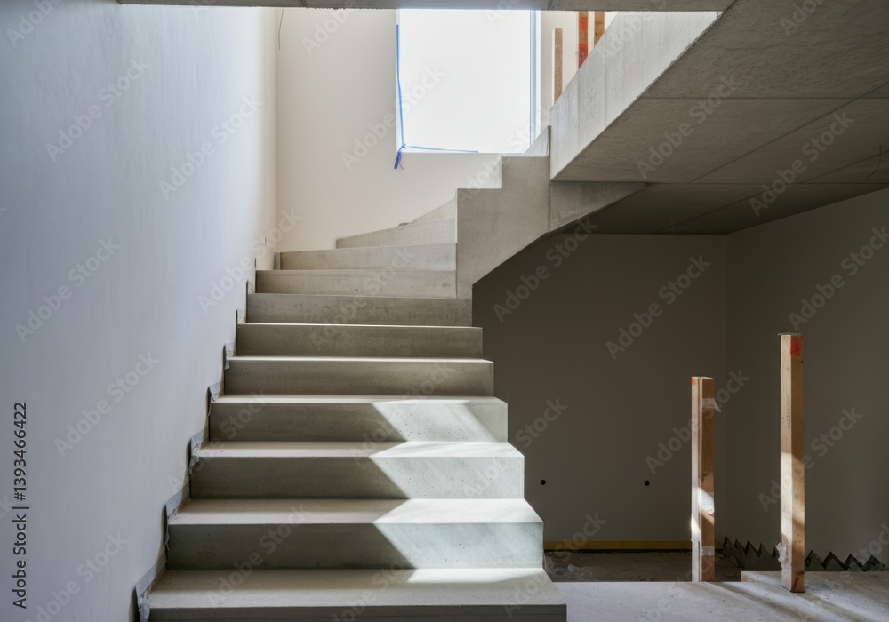 Fototapeta premium Concrete staircase inside modern building under construction with natural light