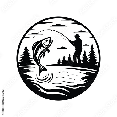 a angler catching a fish silhouette