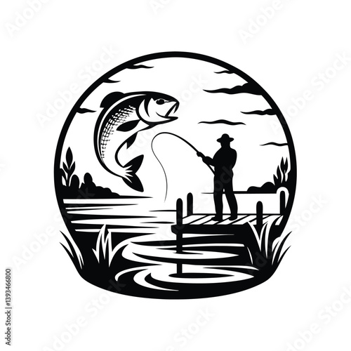 a angler catching a fish silhouette