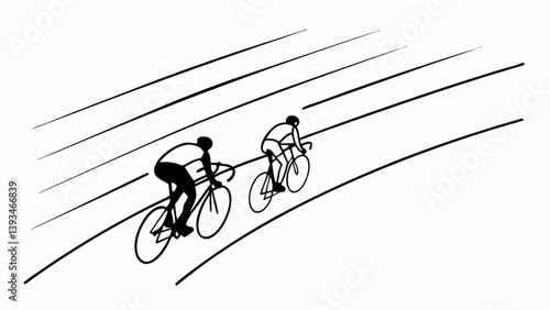 Black and White Line Art Competitive Cycling Race Two Cyclists Curved Track Sport Vector Graphic