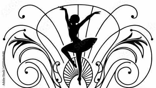 Art Deco Ballerina Dancer Silhouette Elegant Vintage Retro Ornamental Decorative Swirls Fan Background Black and White Line Art Vector Drawing Image Graphic Design Clipart Illustration