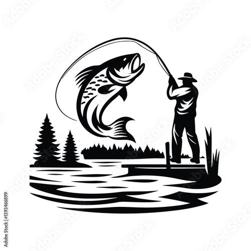 a angler catching a fish silhouette
