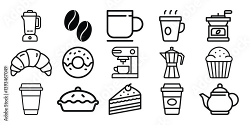Various coffee related items and desserts are displayed as simple line icons with clear outlines and minimal design