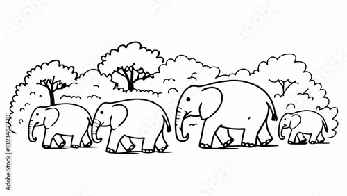 Black and White Elephant Family Herd Walking in Forest Line Art - Nature Wildlife Safari Animals