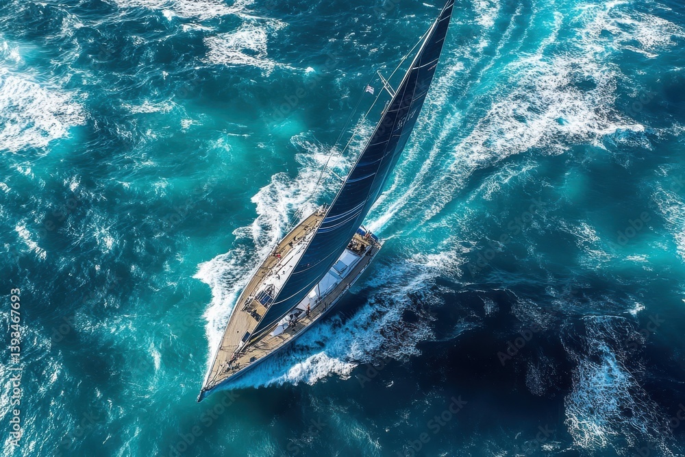 Obraz premium Sailboat glides gracefully through turquoise waters under a radiant sun on a vibrant day at sea