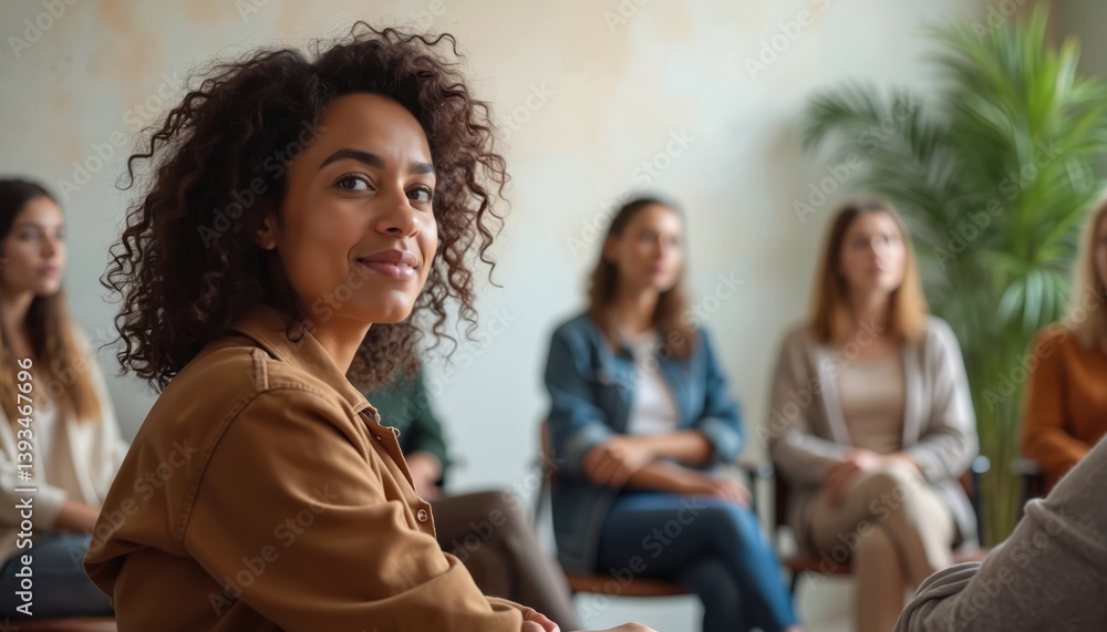Woman with curly hair smiles at camera during group therapy session. Women in circle share, discuss mental health, support each other. Casual setting, community, counseling.