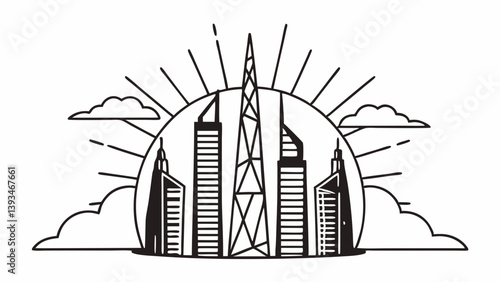 Black and White City Skyline Vector Art Skyscrapers Tower Sun Clouds