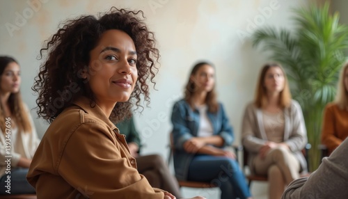 Obraz na płótnie Woman with curly hair smiles at camera during group therapy session. Women in circle share, discuss mental health, support each other. Casual setting, community, counseling. w salonie